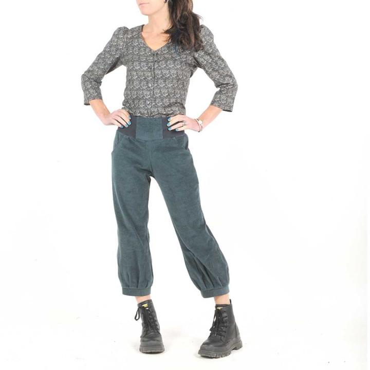 Pantalon femme artisanal  4/5 velours gris-vert côtelé, ceinture jersey