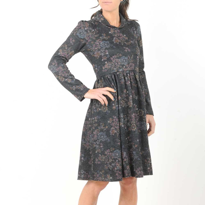 Adjustable dress in dark grey floral knit with small collar