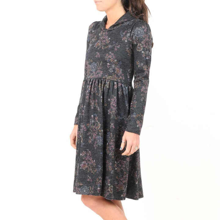Adjustable dress in dark grey floral knit with small collar
