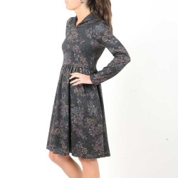 Adjustable dress in dark grey floral knit with small collar