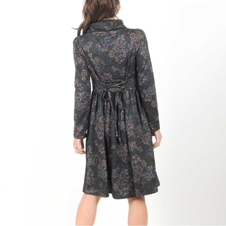 Robe ajustable made in France créateur français maille gris foncé fleurie, petit col