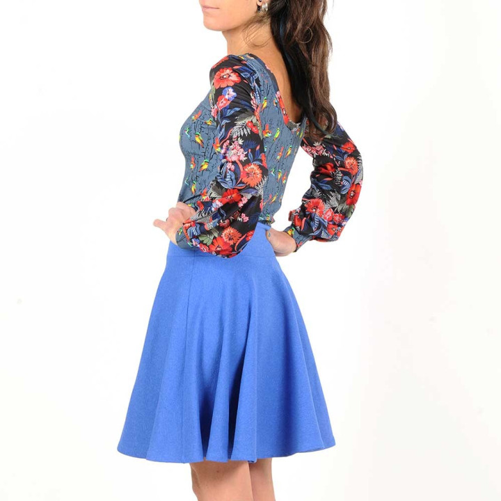 Jupe évasée originale fabriquée en France en jersey coton bleu roi lurex