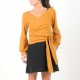 Mustard yellow knit jersey wrap with puffy sleeves