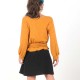 Mustard yellow knit jersey wrap with puffy sleeves