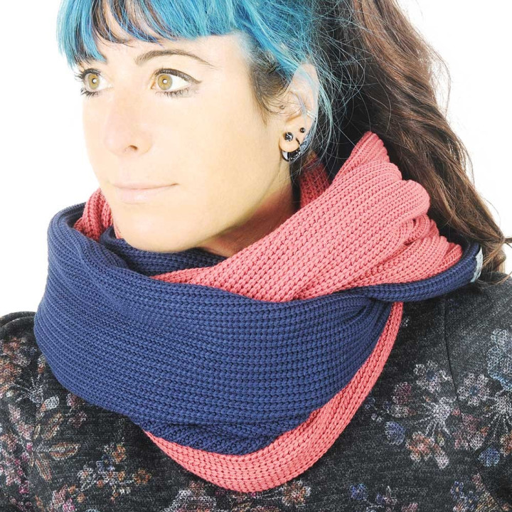 Dark blue and pink wide knit snood scarf