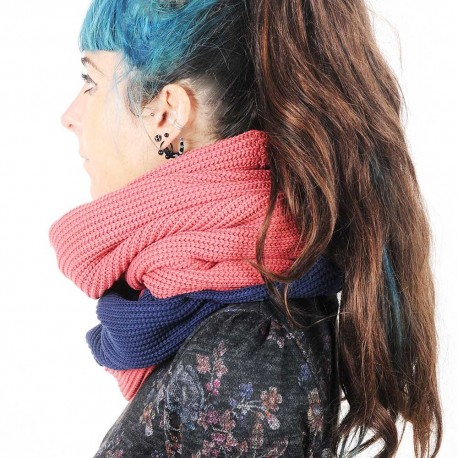 Dark blue and pink wide knit snood scarf