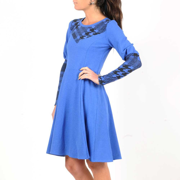 Cobalt blue and black stretchy dress with leg-of-mutton sleeves