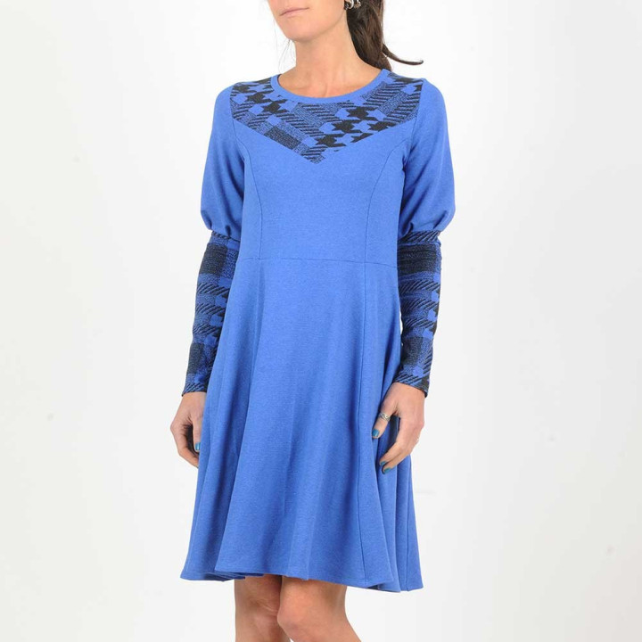 Robe fabriquée en France stretch bleu roi et noire, manches gigot