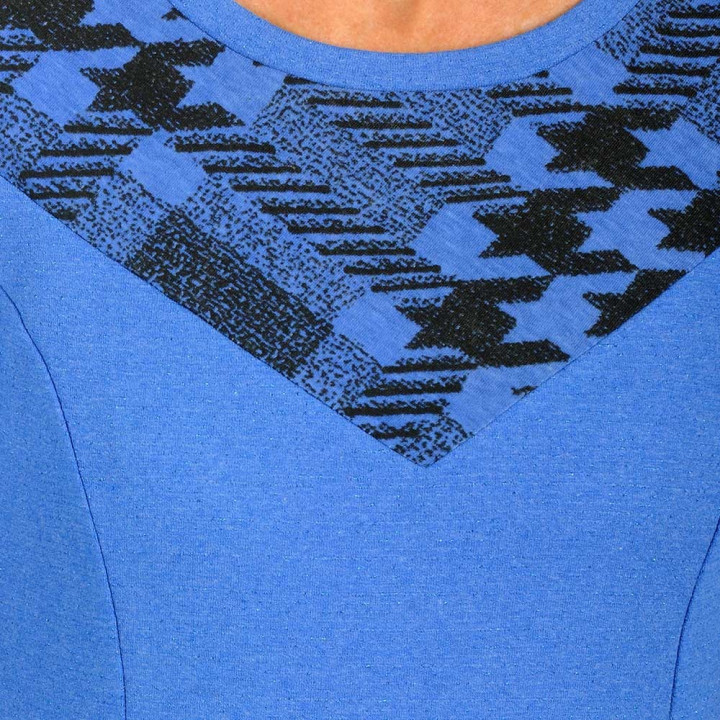 Robe créateur stretch bleu roi et noire, manches gigot