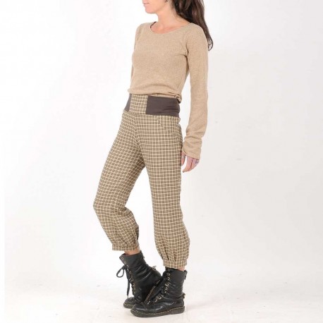 Pantalon jeune créateur femme 4/5 carreaux beige et noir, ceinture jersey