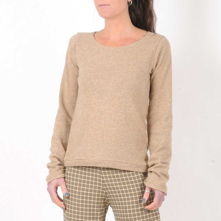 Beige wool knit women's sweater, shirred sleeve hems