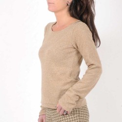 Beige wool knit women's sweater, shirred sleeve hems