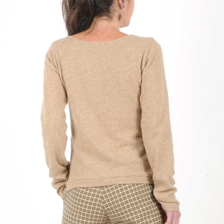 Beige wool knit women's sweater, shirred sleeve hems