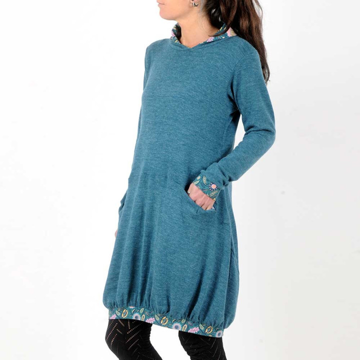 Teal blue sweater dress, floral details