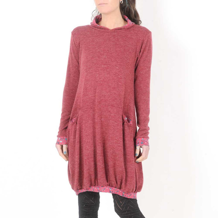 Raspberry red sweater dress, floral details