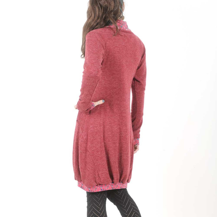 Raspberry red sweater dress, floral details