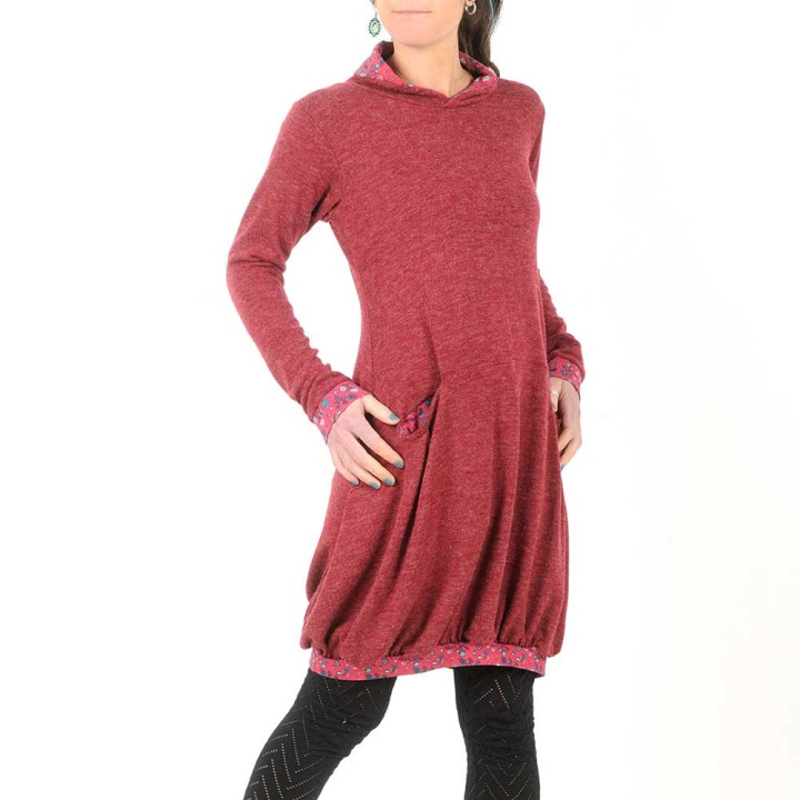 Raspberry red sweater dress, floral details