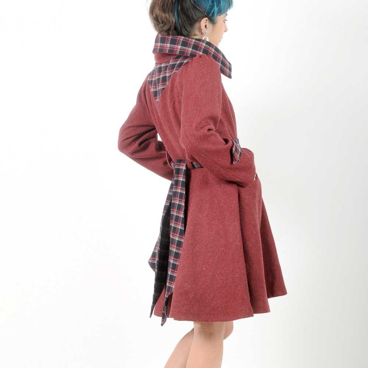 Belted and flared red and plaid womens coat
