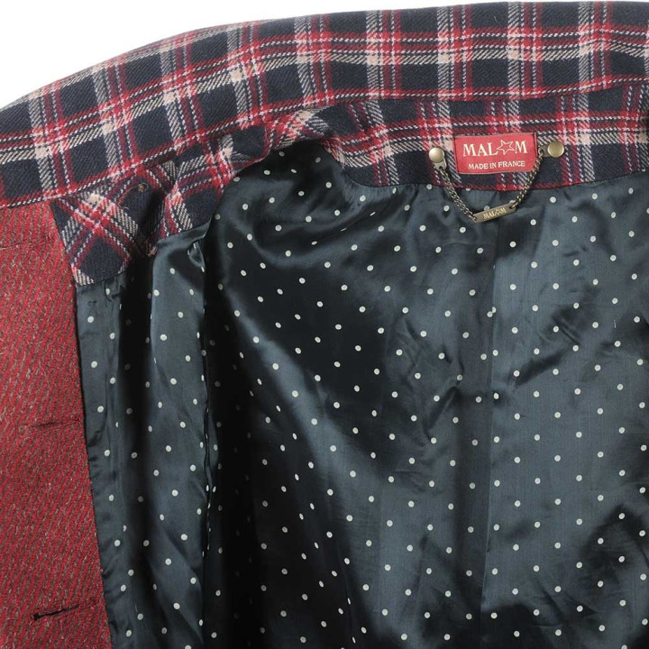 Manteau femme original fabriqué en France ceinturé et évasé, rayé rouge et écossais