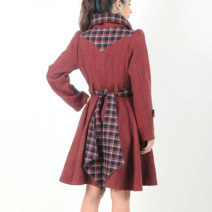 Belted and flared red and plaid womens coat