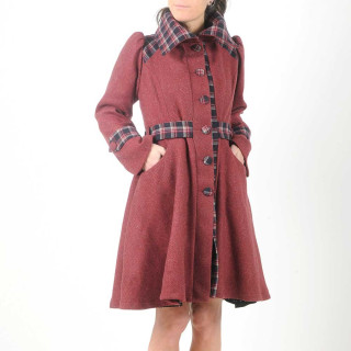 Belted and flared red and plaid womens coat