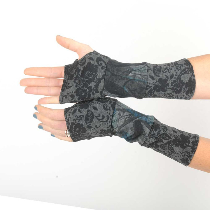 Long jersey armwarmers in a patchwork of grey prints