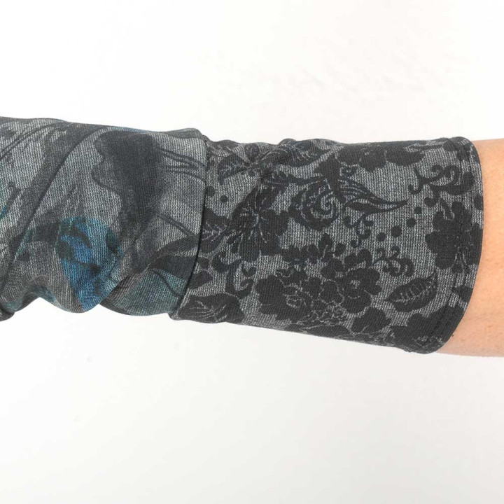 Long jersey armwarmers in a patchwork of grey prints