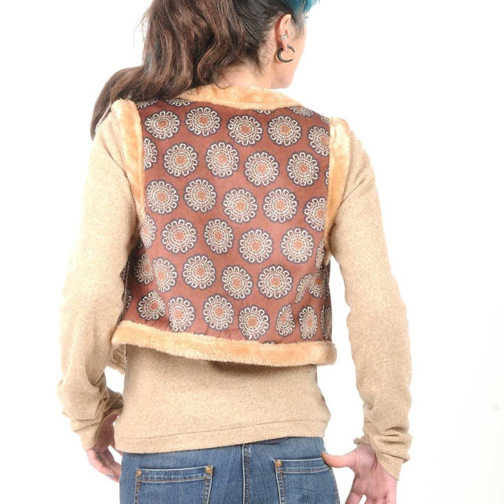 Gilet sans manches fabriqué en France créateur femme marron motif fleuri, fausse fourrure beige