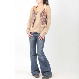 Sleeveless brown and beige floral women's vest with fake fur