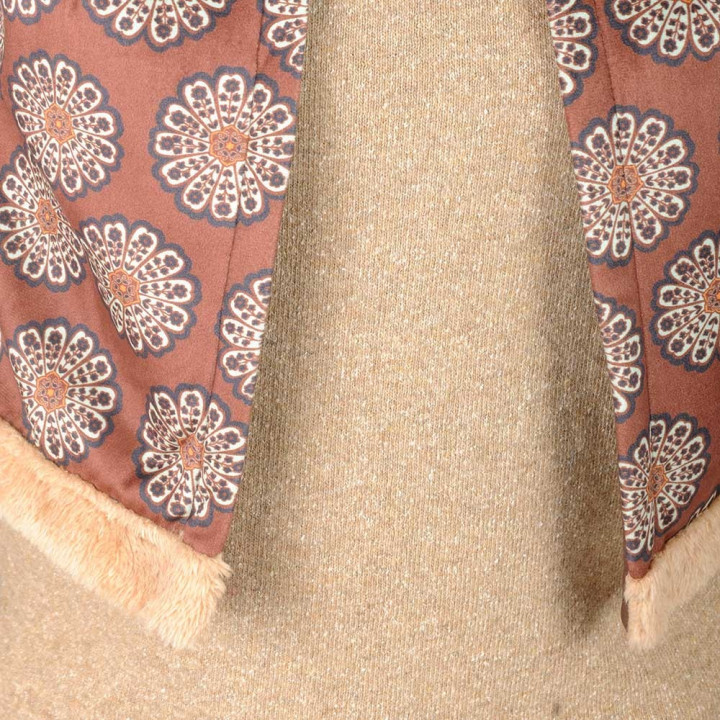 Gilet sans manches original fabriqué en France marron motif fleuri, fausse fourrure beige