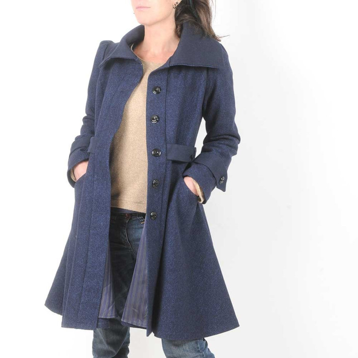Belted and flared navy blue wool womens coat
