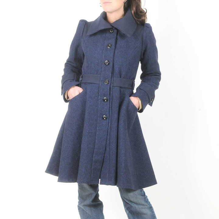 Belted and flared navy blue wool womens coat