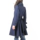 Manteau femme ceinturé artisanal et évasé, lainage bleu marine
