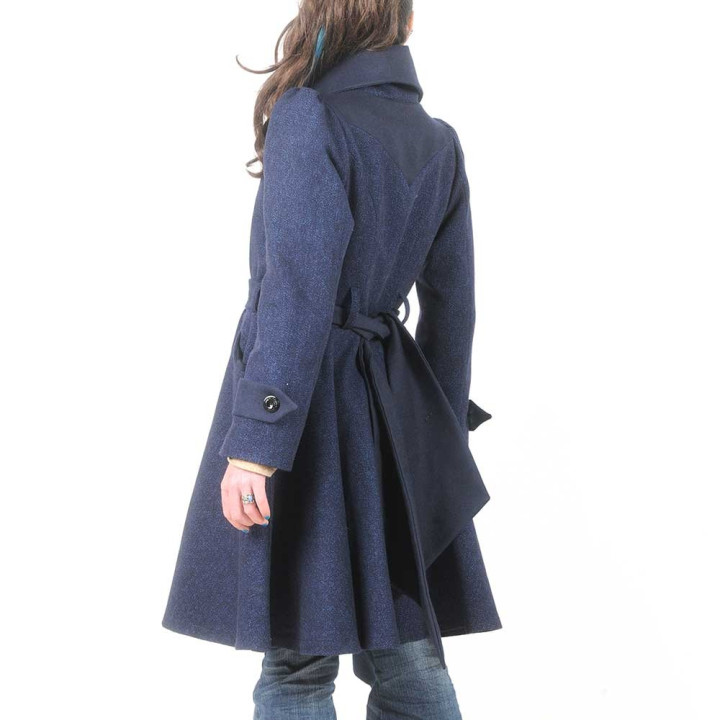 Belted and flared navy blue wool womens coat