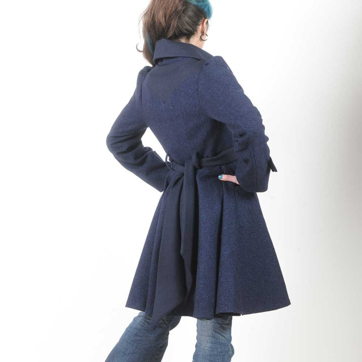 Belted and flared navy blue wool womens coat