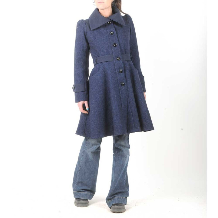 Belted and flared navy blue wool womens coat