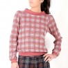 Red checkered and striped jersey blouse with boat cowl