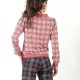 Red checkered and striped jersey blouse with boat cowl