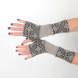 Mitaines originale fabriquée en France fait main en france  artisanale beige et rouille en patchwork de jersey et maille