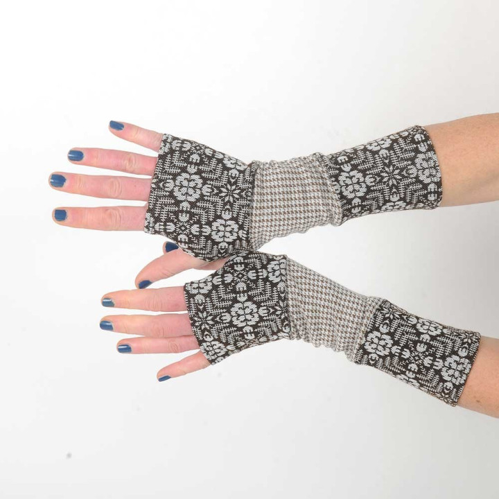 Beige and burnt orange armwarmers, jersey and knit patchwork