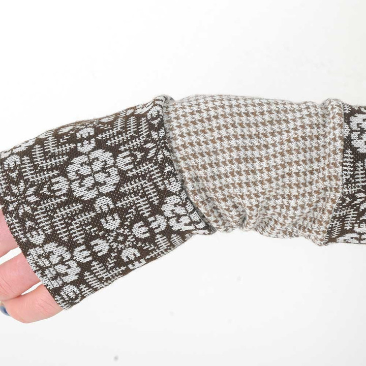 Beige and burnt orange armwarmers, jersey and knit patchwork