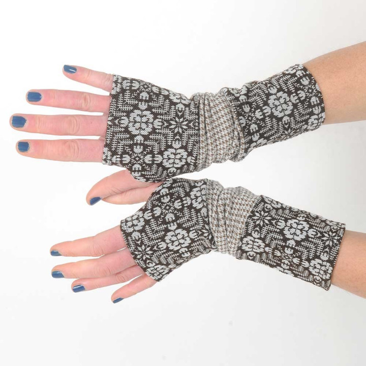 Beige and burnt orange armwarmers, jersey and knit patchwork