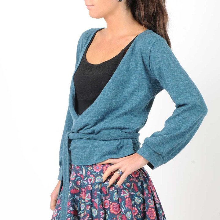 Teal blue knit jersey wrap with puffy sleeves
