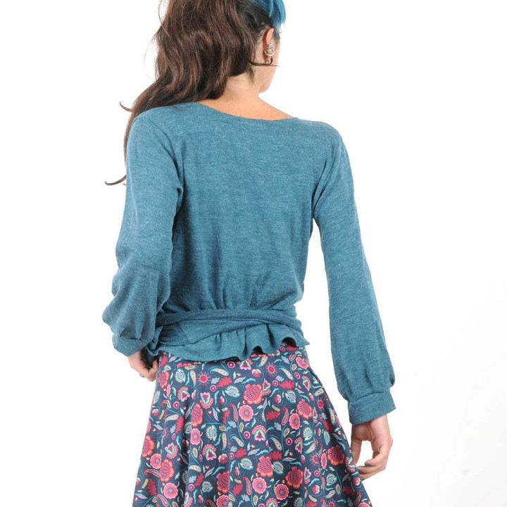 Teal blue knit jersey wrap with puffy sleeves