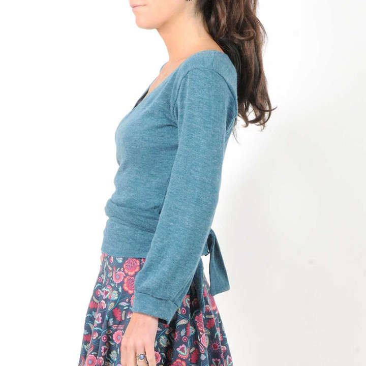 Teal blue knit jersey wrap with puffy sleeves
