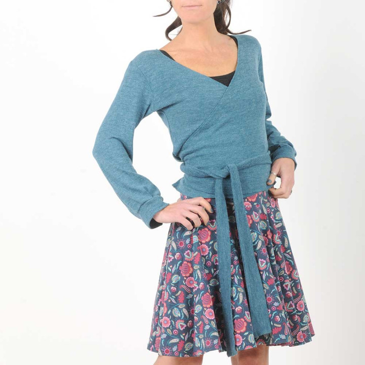 Teal blue knit jersey wrap with puffy sleeves