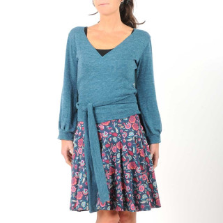 Teal blue knit jersey wrap with puffy sleeves