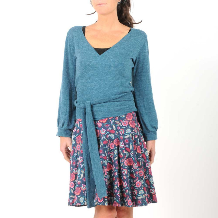 Teal blue knit jersey wrap with puffy sleeves