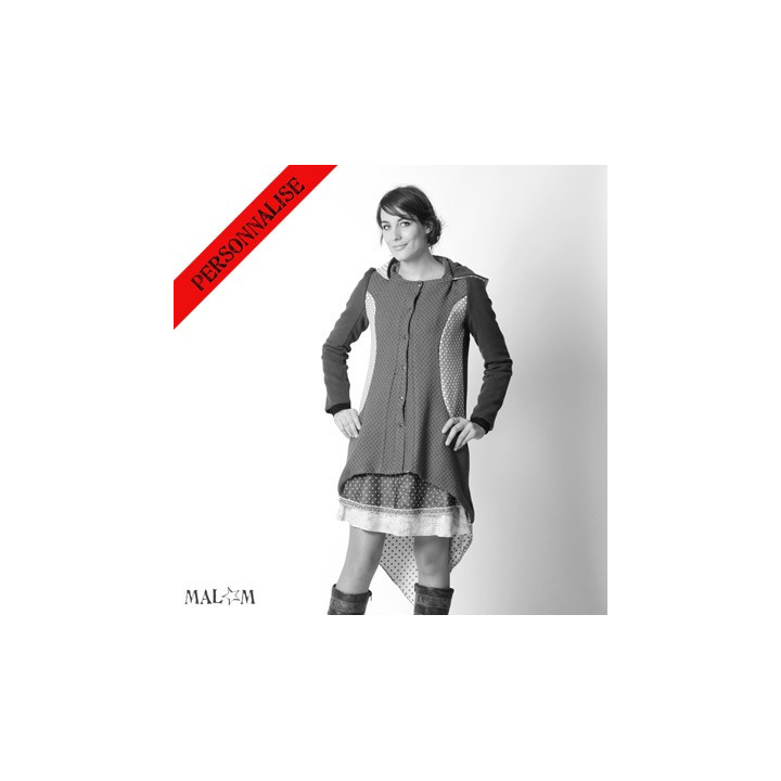 Manteau hiver asymétrique, queue de guêpe à capuche, lainages assortis - PERSONNALISABLE