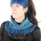 Blue-green stretchy pleated snood with sheer voile ruffles